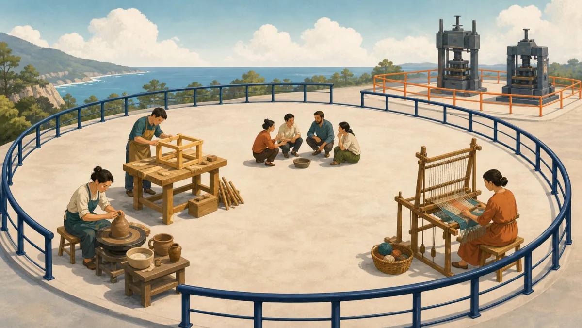 Professionals freely use several craft stations inside a broad rail while heavy presses remain separately restricted