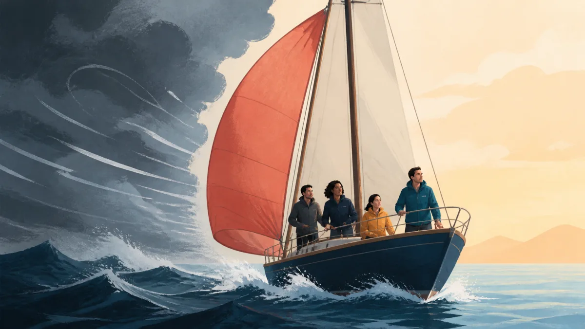 A coral side sail offsets a specific incoming crosswind against a project vessel
