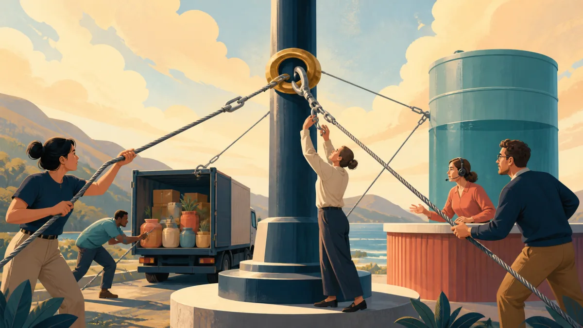 A team adjusts connected tension lines linking people, supply flow, service operations, and capacity