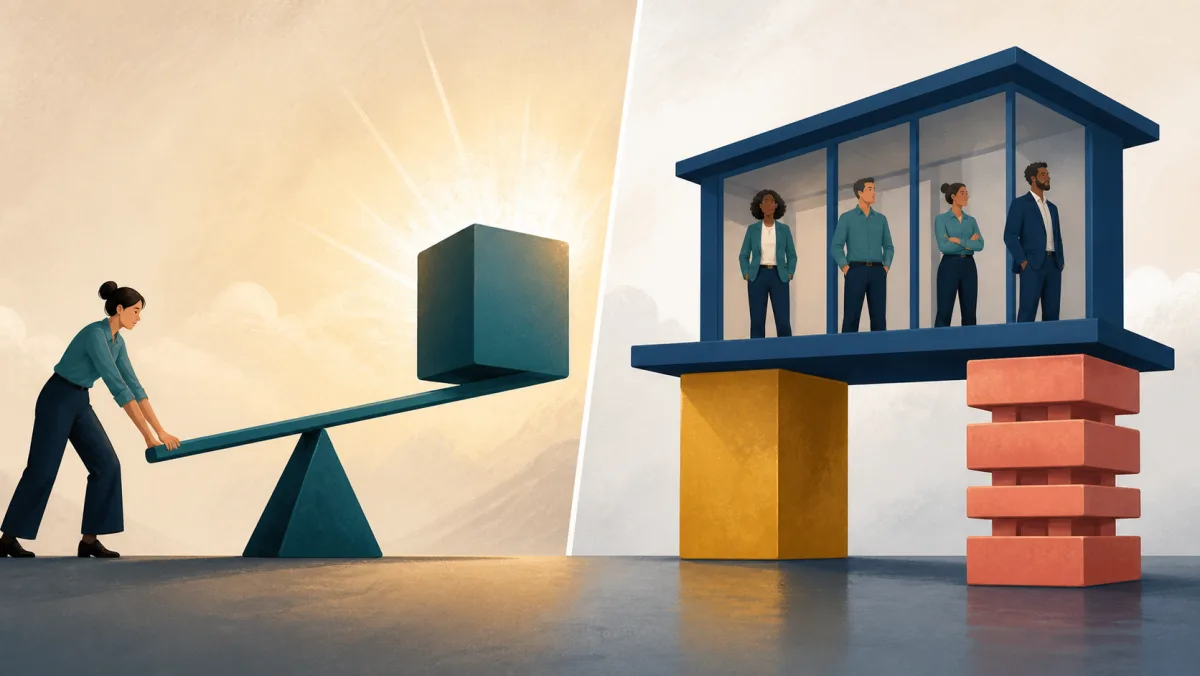 A long lever amplifies a small input while a separate enterprise structure rests on owned and borrowed supports