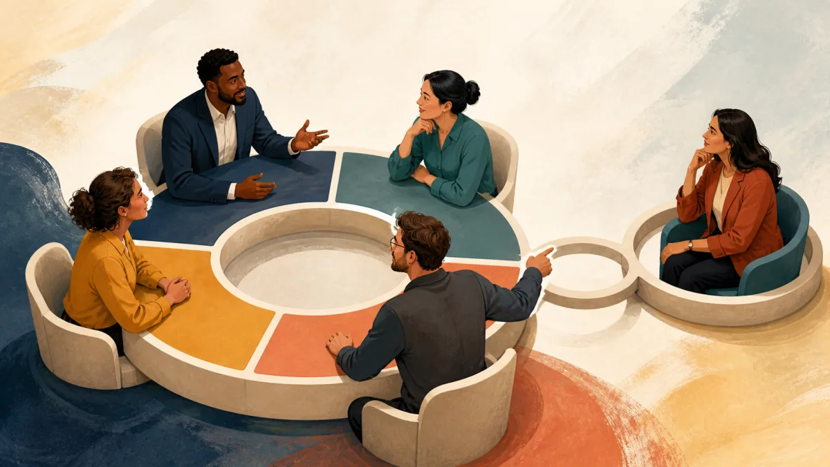 A fifth professional joins an open loop connected to an ongoing four-person conversation
