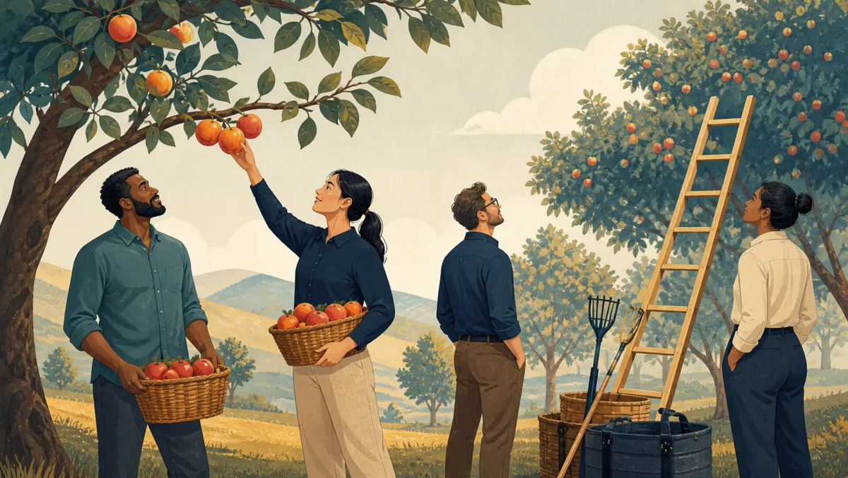 A team harvests ripe valuable fruit from a low branch while equipment waits for harder work higher up