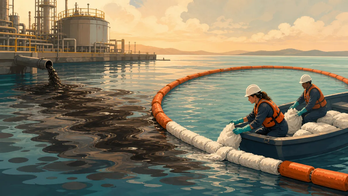 A response team installs containment and absorbent barriers that reduce but do not eliminate a harmful spill