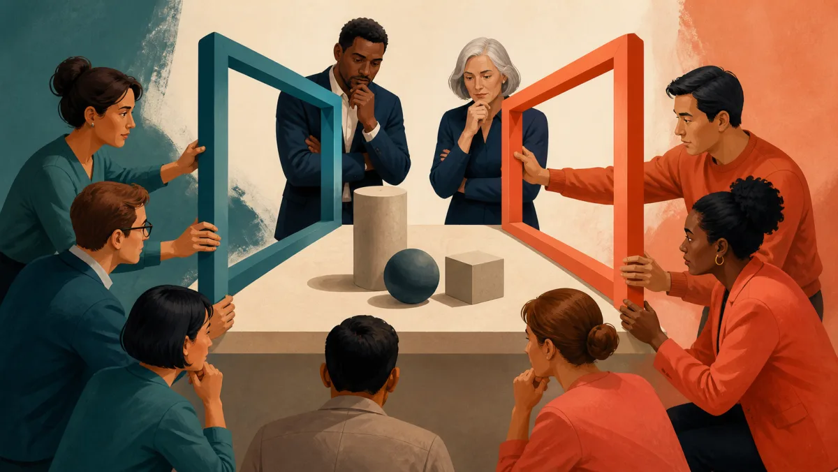 Two teams hold competing colored frames around the same unchanged set of physical facts