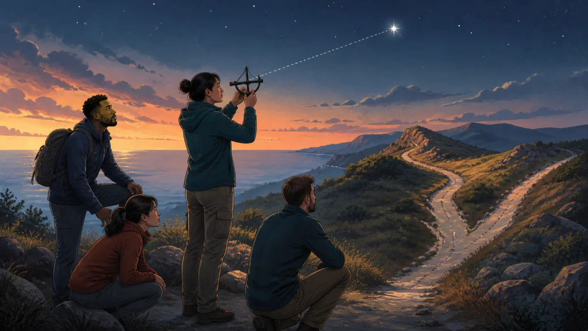 A team aligns a sighting instrument with one fixed bright star above a forked route