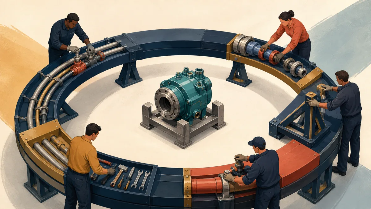 A surrounding ring of utilities, maintenance, handoffs, and supports feeds a central production mechanism