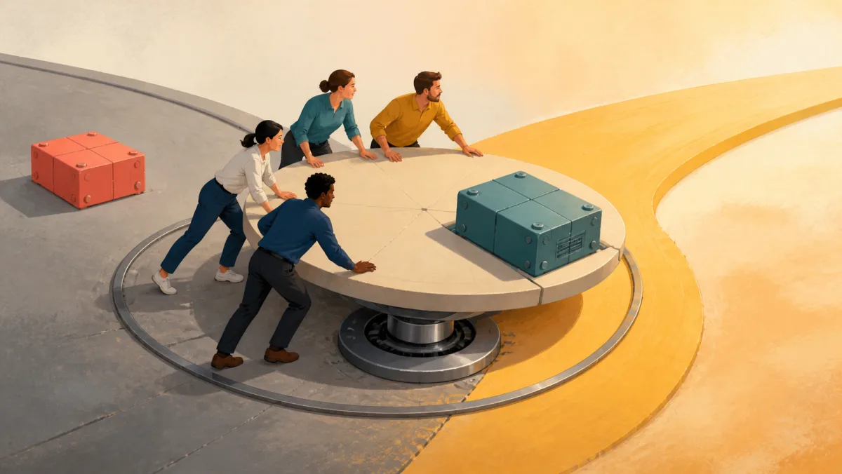 A team rotates a project platform toward a new route while a teal module stays attached and a coral module remains behind