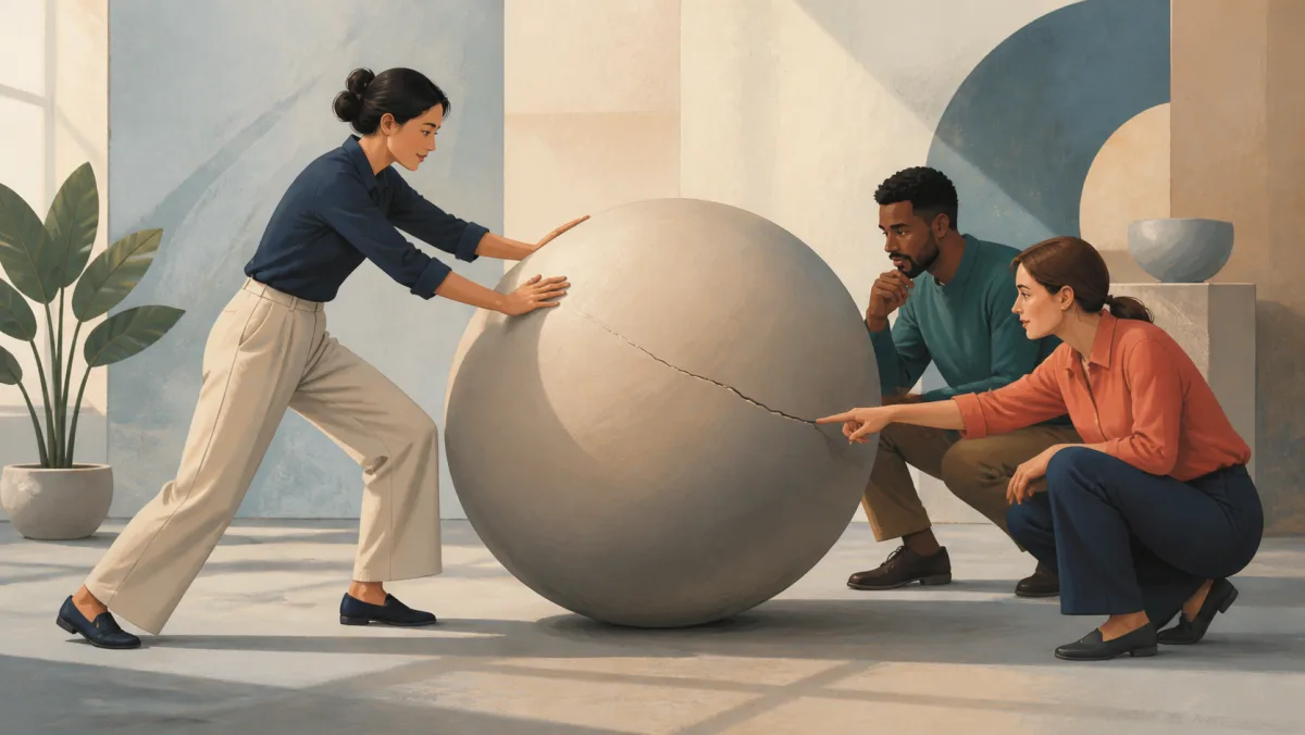 Professional slowing a large cracked sphere while two colleagues inspect the flaw