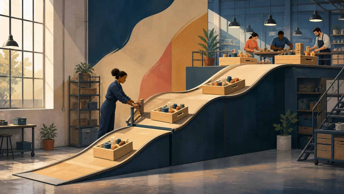 Professional adjusting crates as they move gradually up a tiered workshop ramp