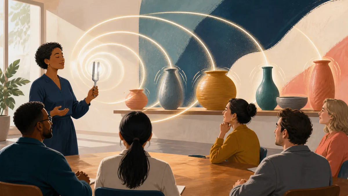 Tuning fork sending circular sound waves through a row of resonating ceramic vessels