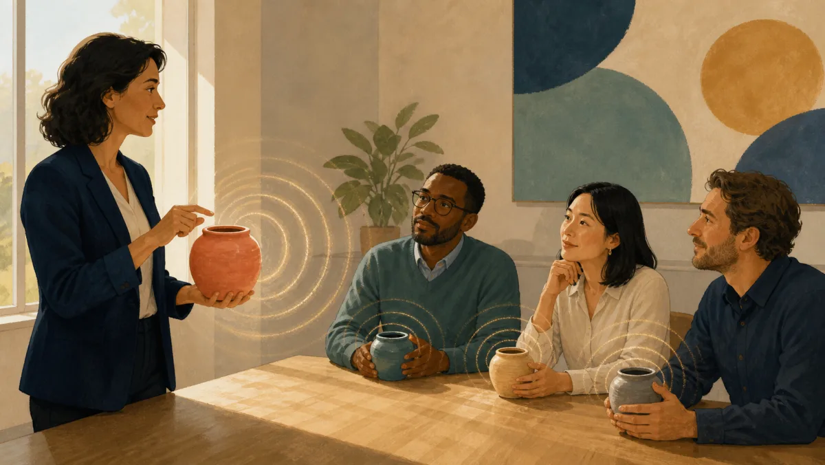 Speaker's ceramic vessel sending sound waves toward matching vessels held by colleagues