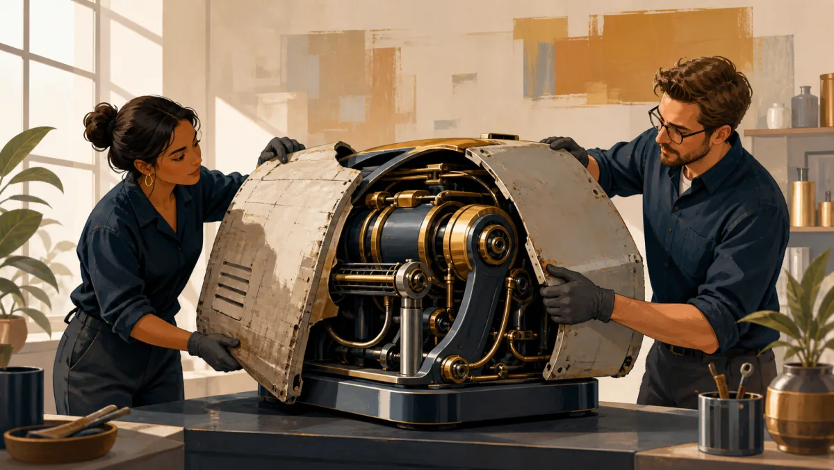 Two professionals rebuilding the worn outer shell of a renewed mechanical system