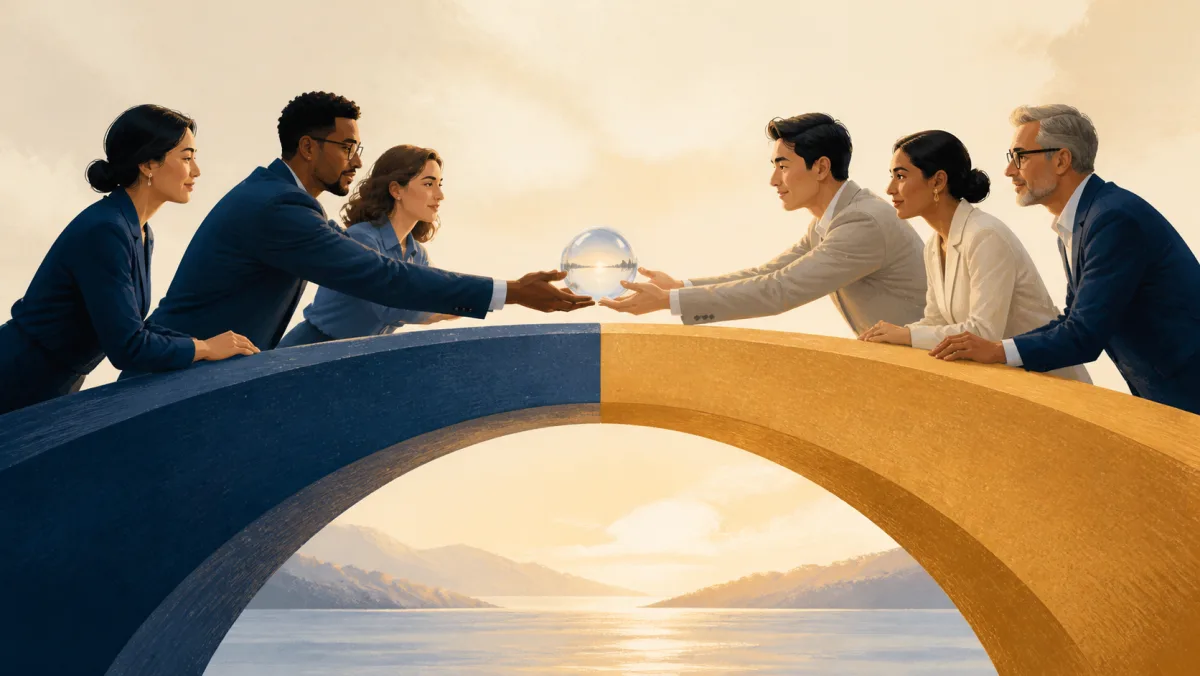 Two teams passing a glass sphere across two bridge sections joined without a gap