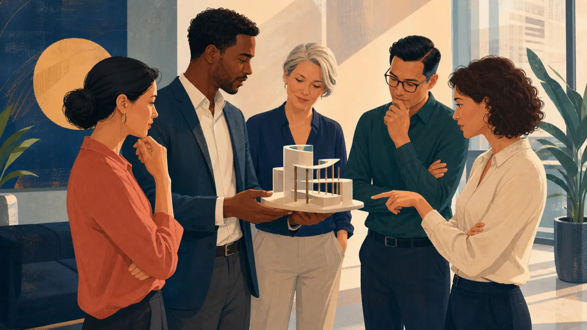 Professionals gathering around a colleague who is circulating an architectural model