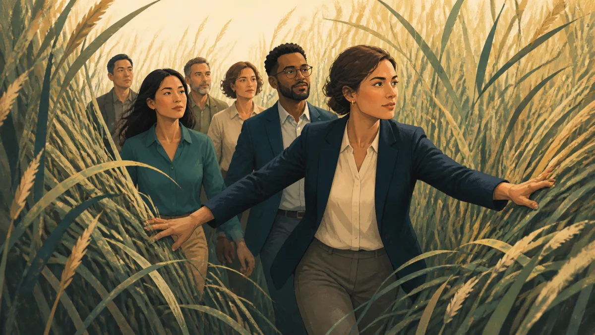 Professional leading a team through a newly opened path in tall reeds