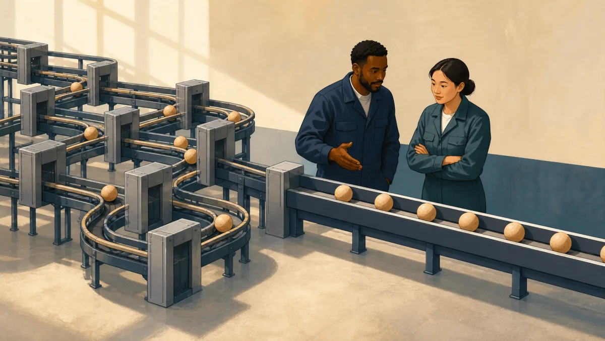 Professionals comparing a looping conveyor with a direct channel carrying identical wooden spheres