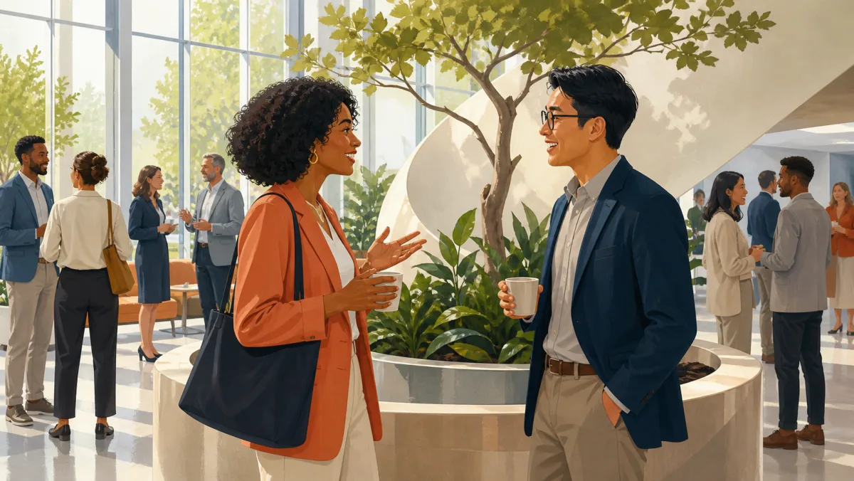 Two professionals beginning an informal conversation beside an atrium planter