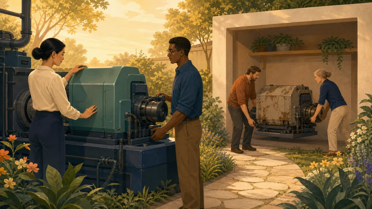 Professionals placing an old machine in storage while a replacement operates nearby