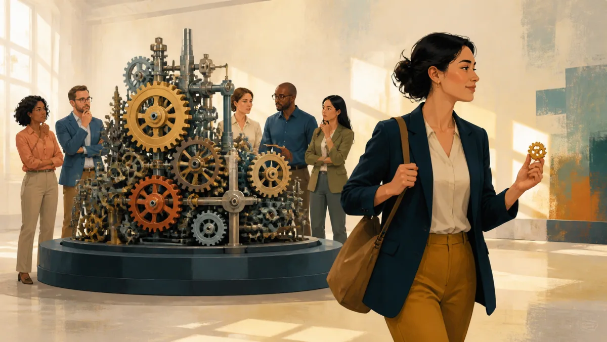 Professional carrying one useful gear away from a large completed mechanism