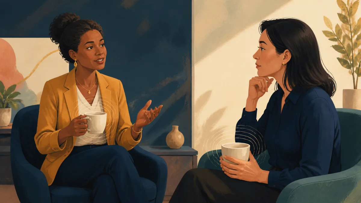 Two colleagues in a thoughtful conversation holding cups with matching sound ripples