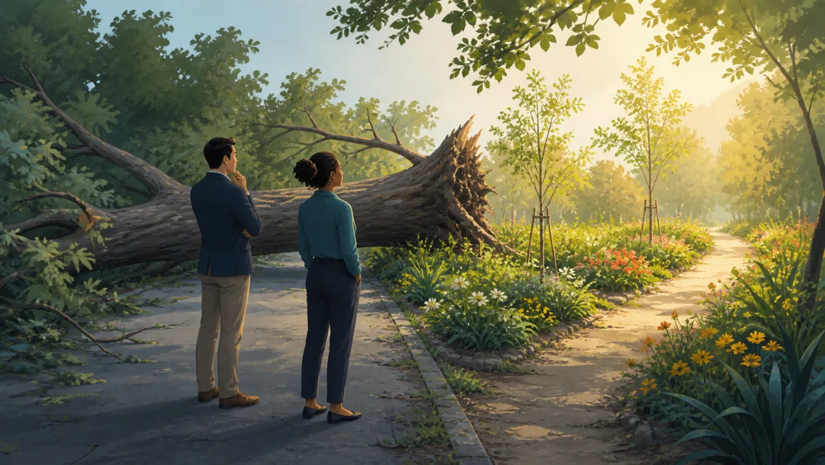 Professionals noticing a sunlit garden path beside a route blocked by a fallen tree