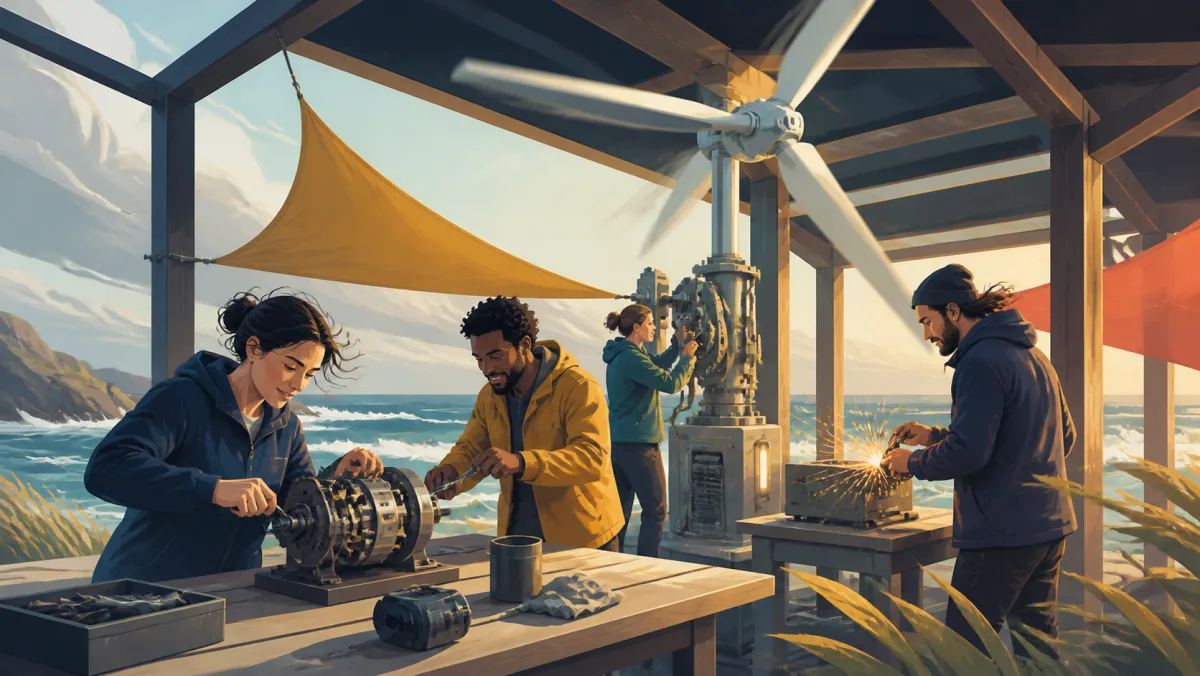 Professional team using strong coastal wind to power tools in an open workshop