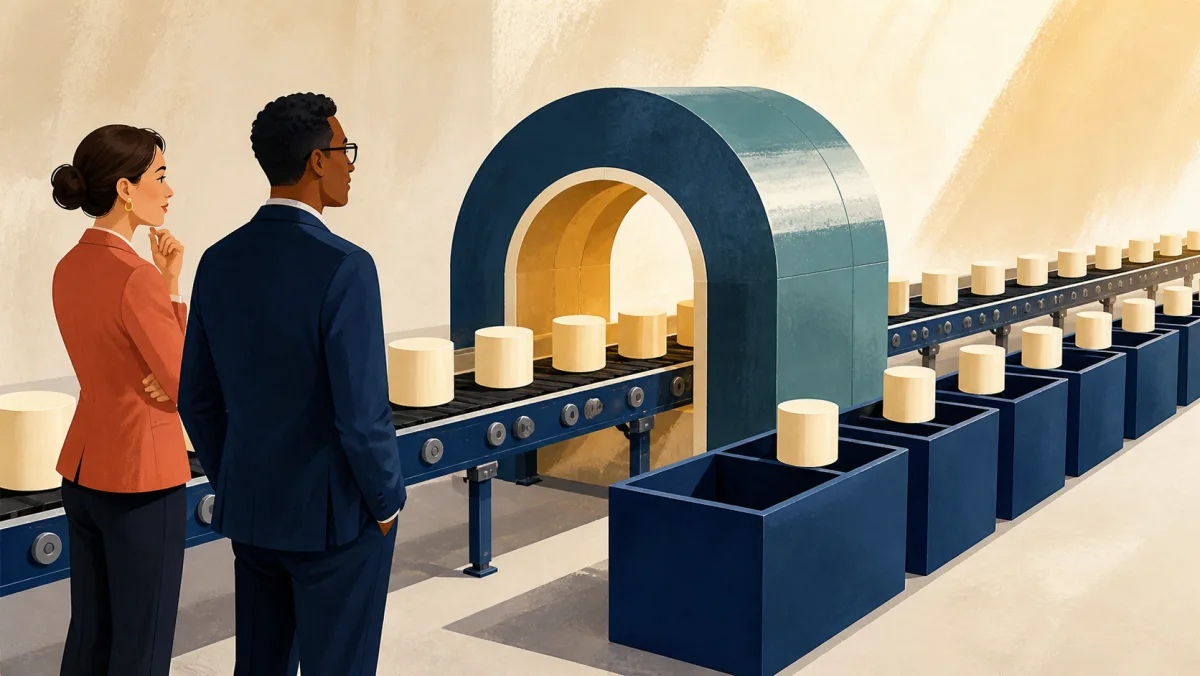 Evenly spaced finished cylinders moving from a processing arch into collection bins