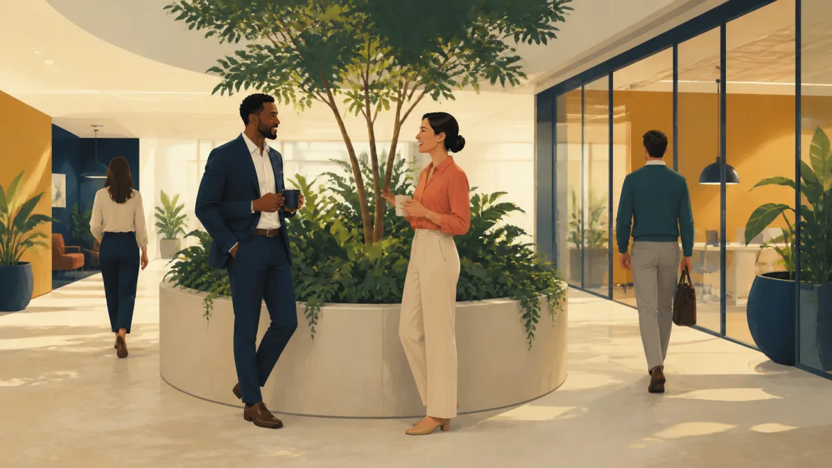 Two professionals having a brief informal conversation beside an atrium planter