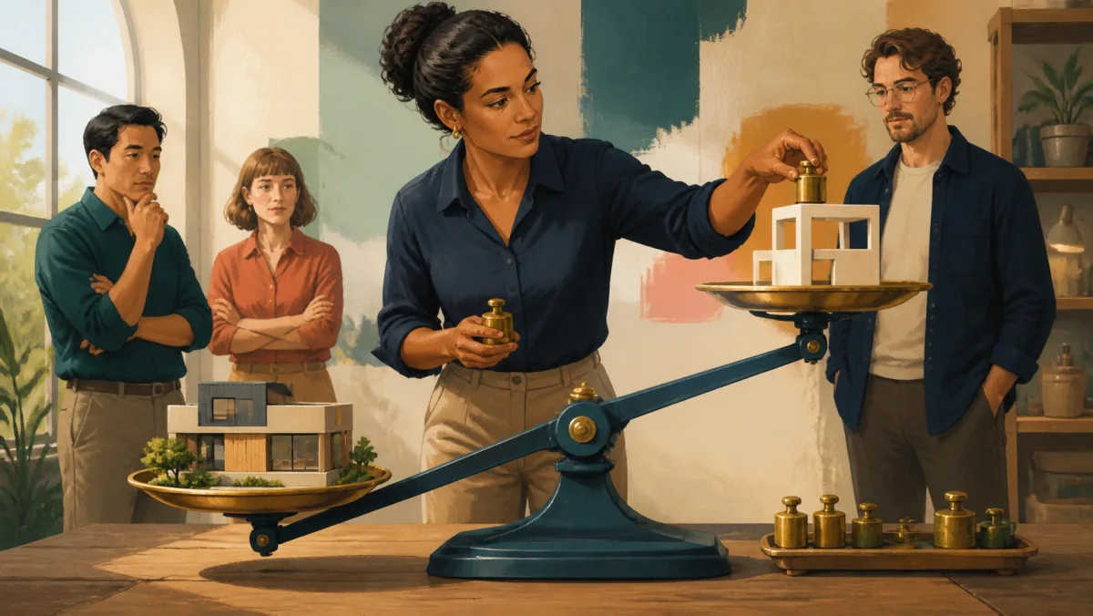 Professional moving brass weights between two prototype options on a balance