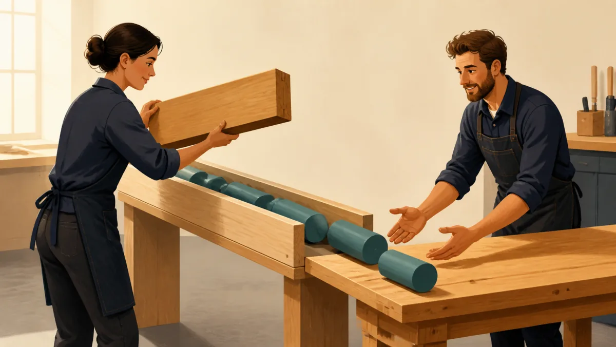 Professional lifting a wooden obstruction so teal components can move forward