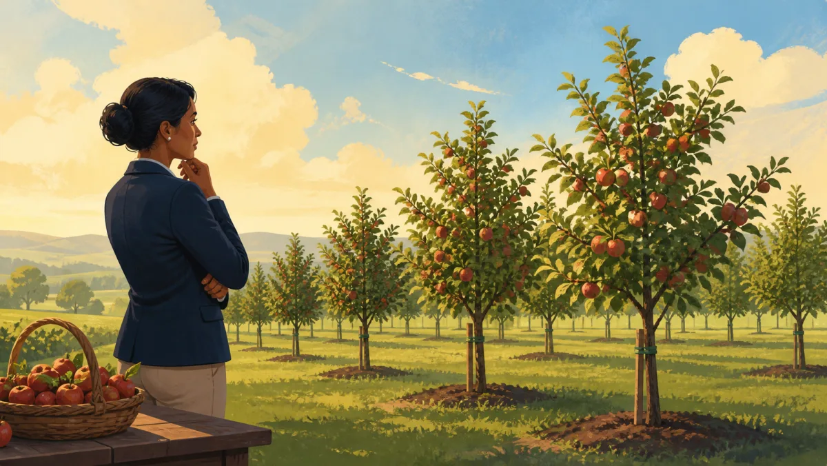 Professional evaluating the possible future harvest of a young productive orchard