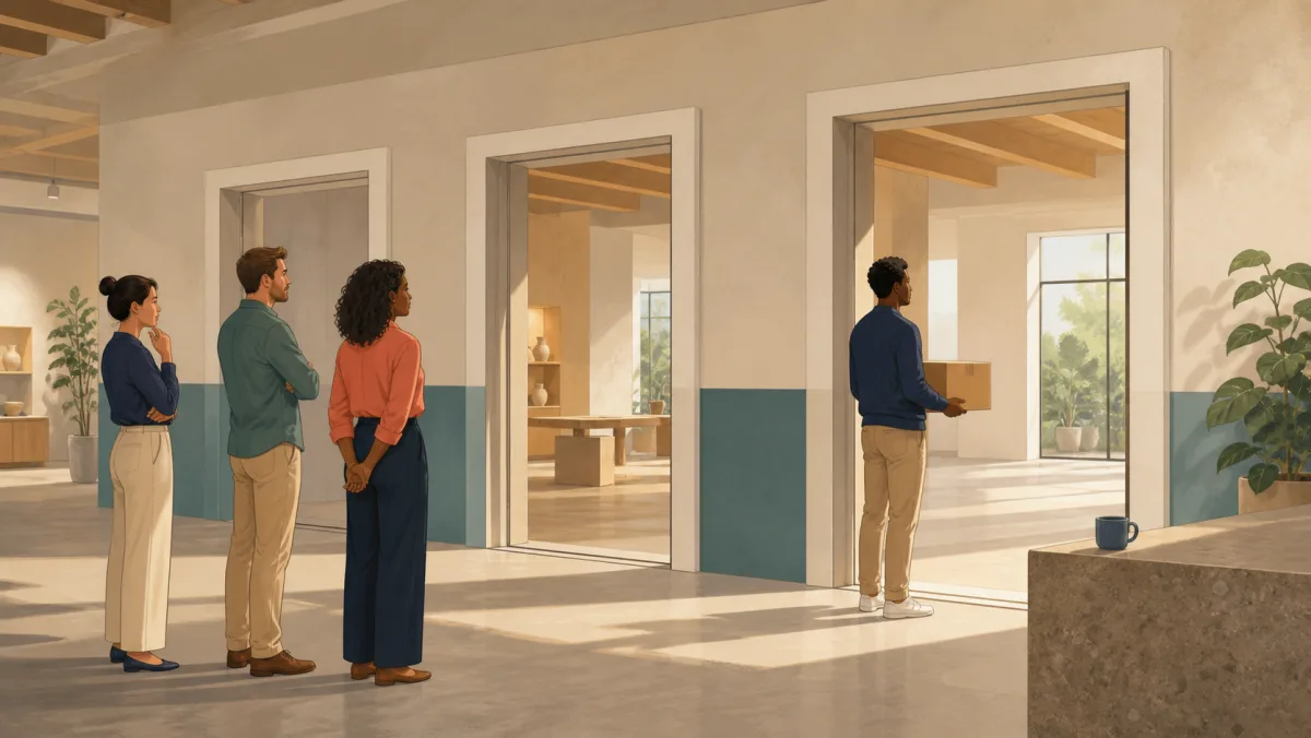 Colleagues observing a customer stop before the last of three showroom doorways