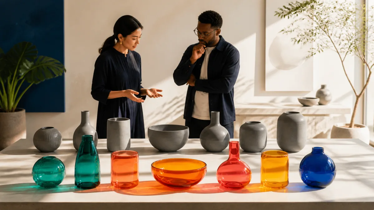 Designers comparing muted ceramic vessels with intensely colored glass vessels