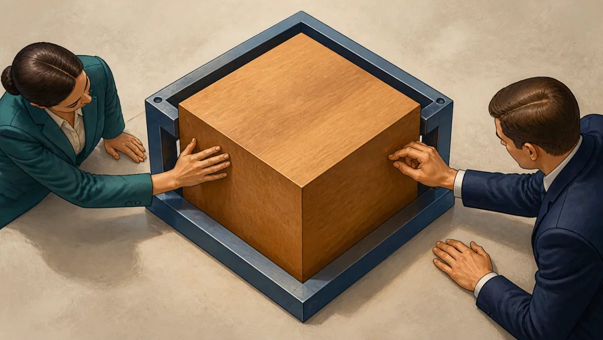 Professionals making a small adjustment to a wooden cube inside a rigid frame