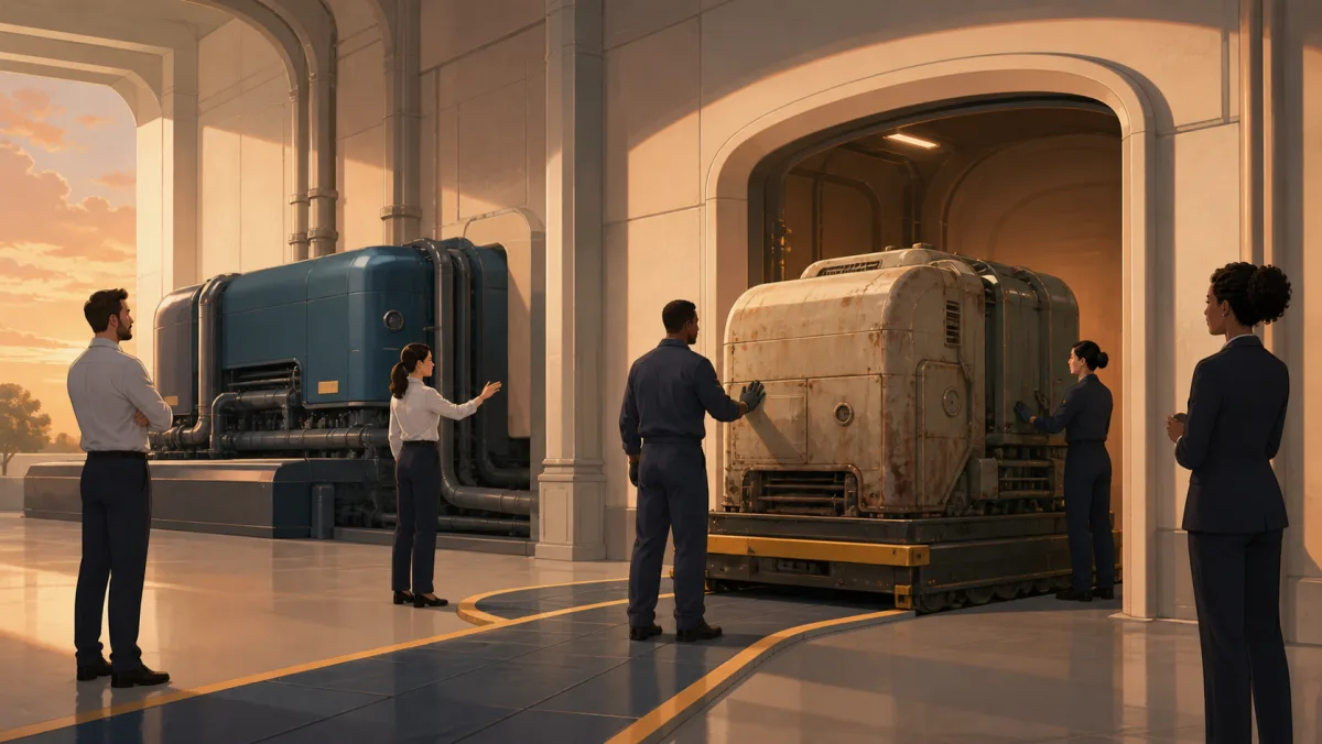 Team guiding an old machine into storage while its replacement continues operating