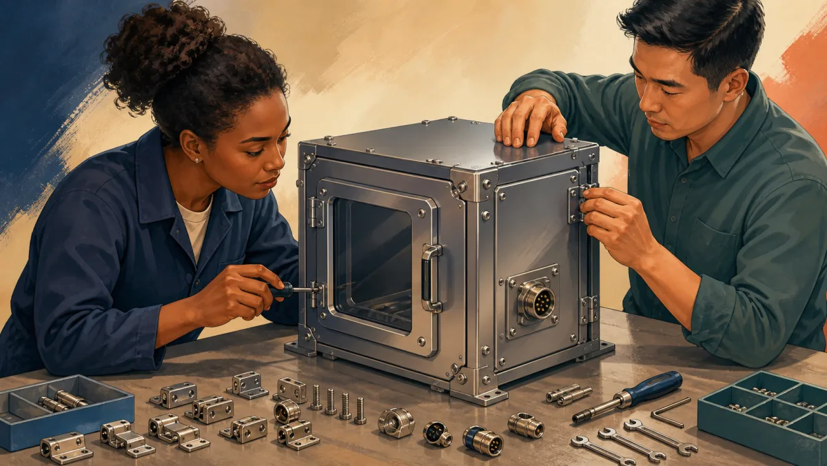 Professionals fitting every hinge, connector, and fastener on a precision enclosure
