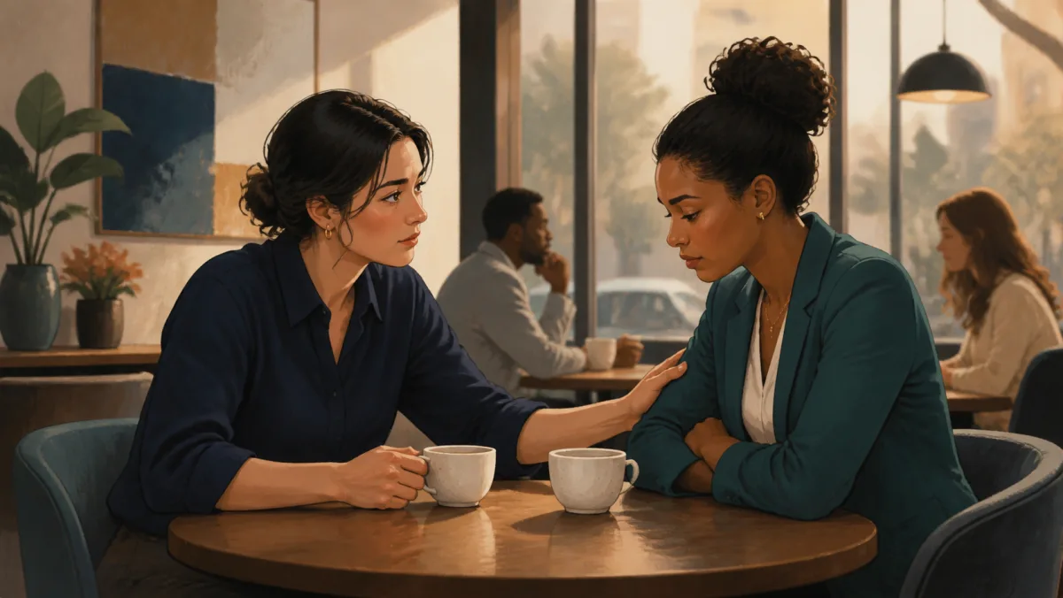 Colleague gently opening a serious one-to-one conversation in a quiet café