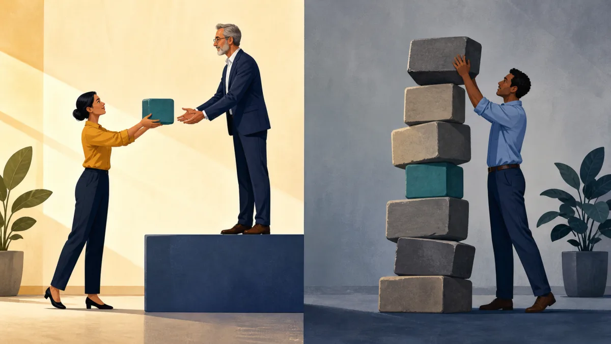 Split scene of a problem passed to a senior colleague and weight added to a strained stack