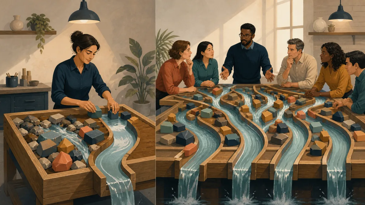 Individual rearranging one work channel beside a team facing many channels to rebalance