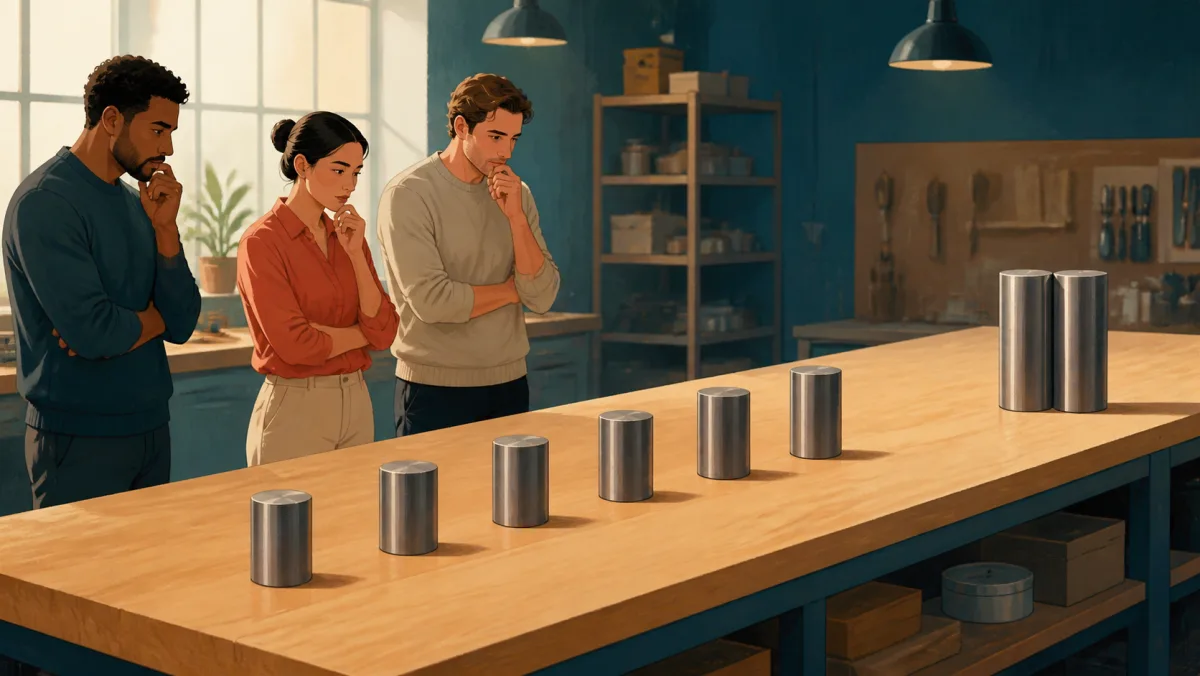 Observers comparing tiny height changes that accumulate across a row of metal cylinders