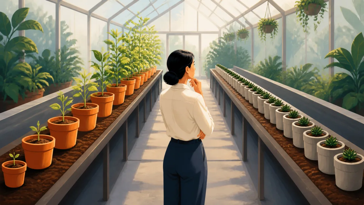 Observer comparing visibly staged plant growth with nearly identical small plants