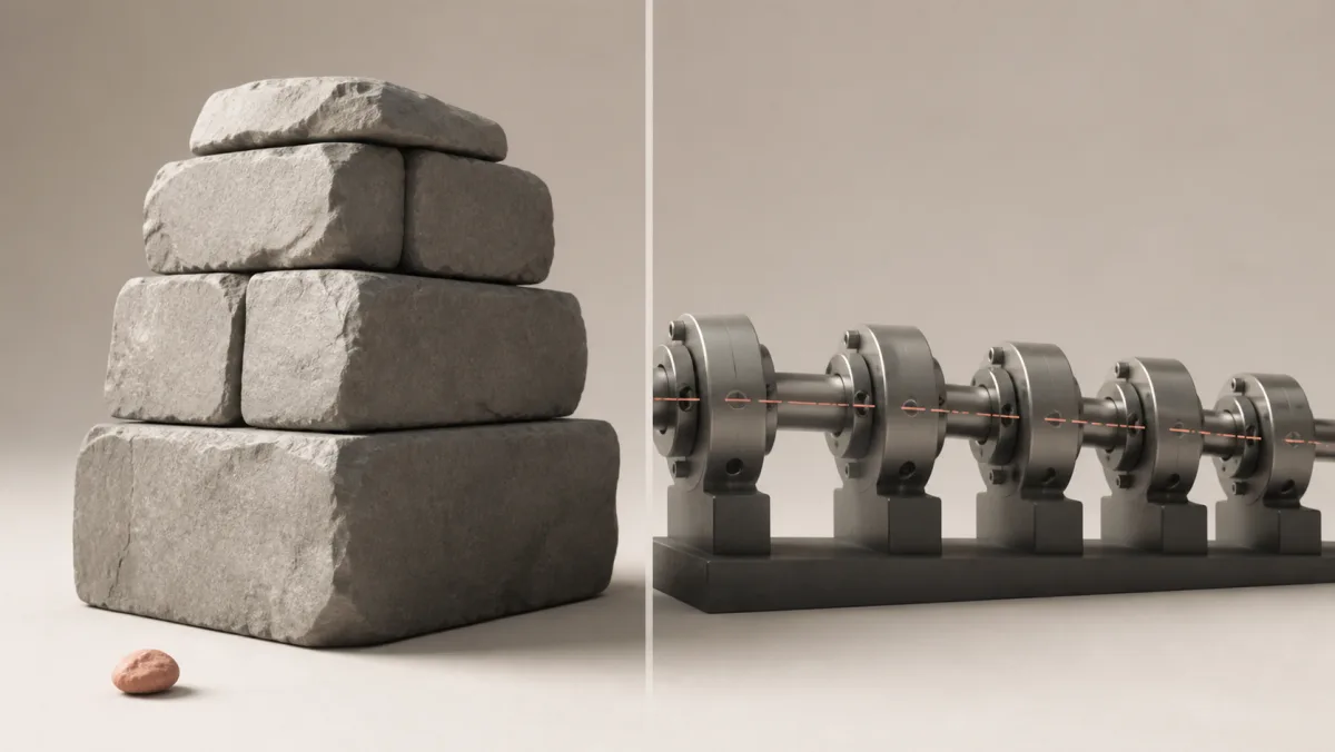 Professional comparing a harmless visible pebble with a subtle accumulated coupling misalignment