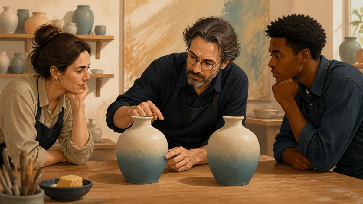 Experienced craftsperson pointing out a faint difference between two ceramic vessels
