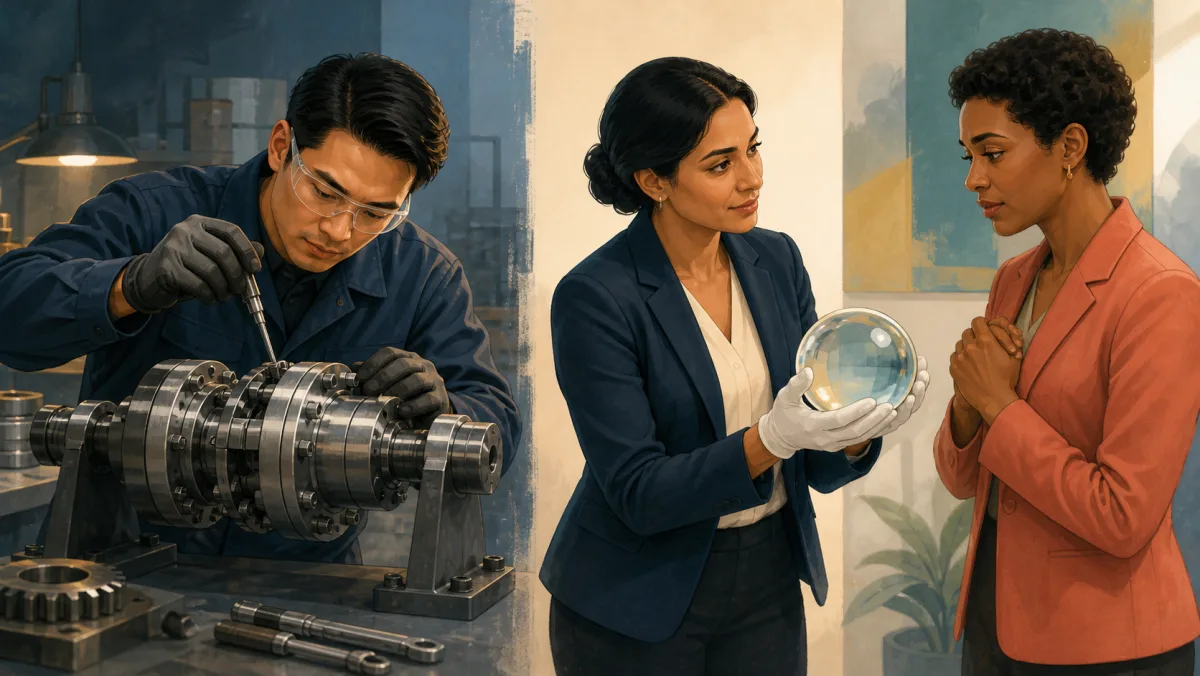 Technical specialist fitting a coupling beside a professional carefully holding a client's glass sphere