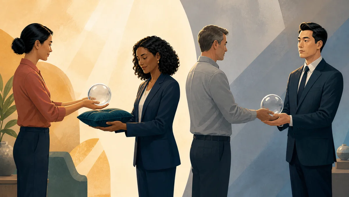 Split scene contrasting a trusted padded handoff with neutral responsibility for a glass sphere