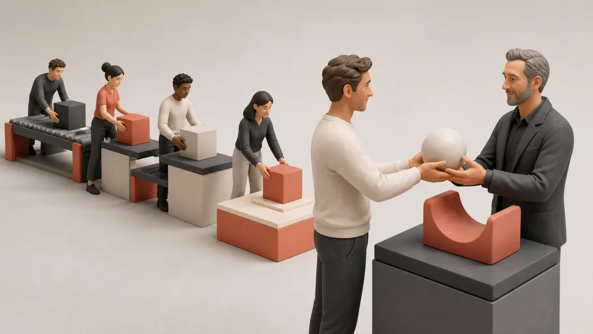 Team moving project blocks through workstations beside a trusted professional handoff