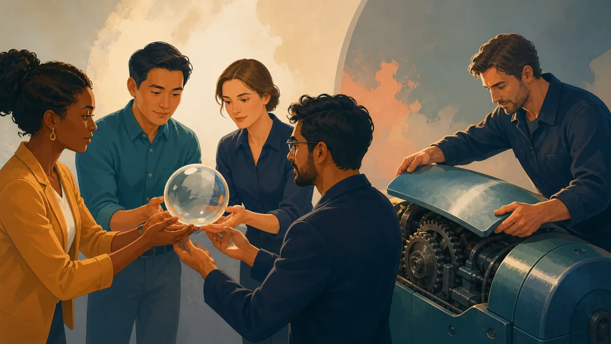 Team safeguarding a glass sphere beside a mechanic closing a repaired machine