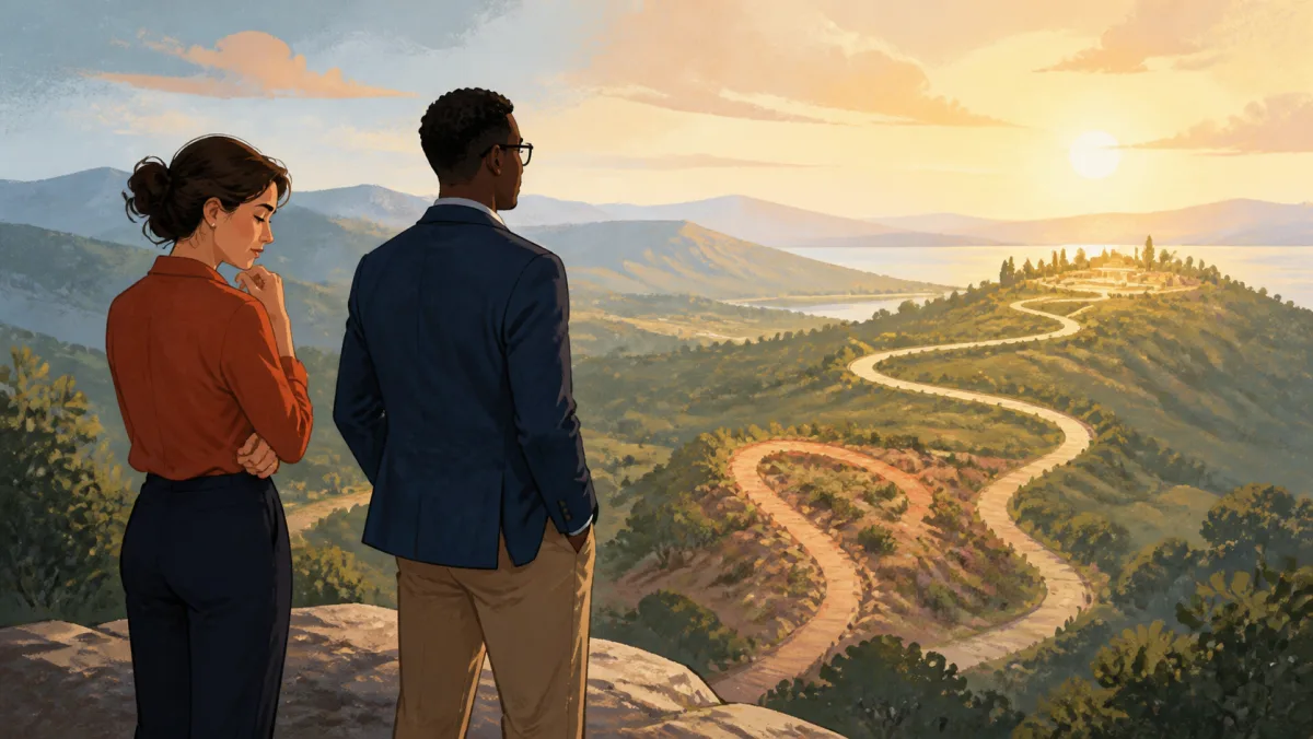 Two professionals looking back over a completed route and an avoidable detour