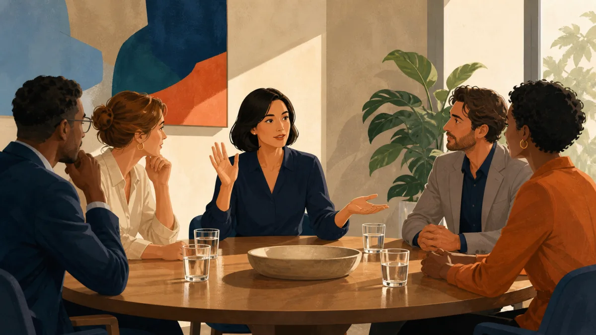 Professional briefly raising one hand and returning the floor during a roundtable discussion