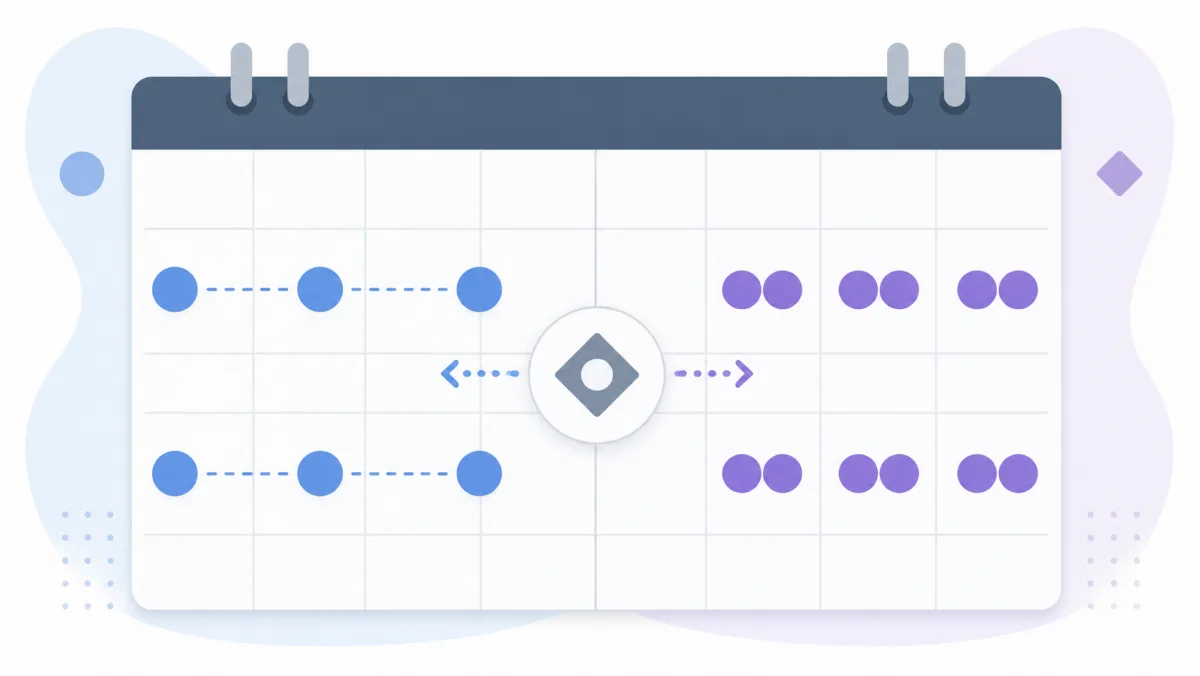 A calendar comparing evenly spaced recurrence markers with paired weekly markers